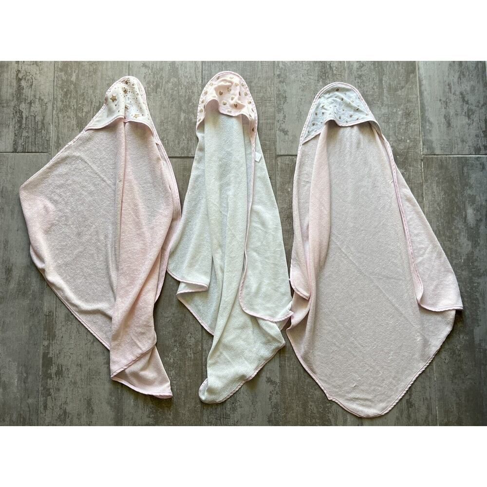 BABY KISS 3 Pack Hooded Lightweight Bath Towel Set Baby Girl White Pink Gold